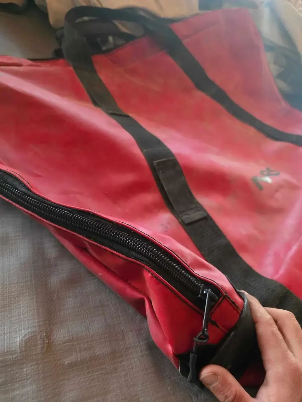 Before the repair: NRS Raft Bag Zipper Replacement