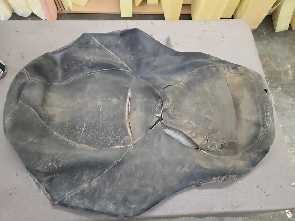 Before the repair: Snowmobile 2-Seater Seat — Full Rebuild with Multi-Panel Pattern Work